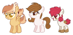 Size: 2266x1113 | Tagged: safe, artist:gallantserver, derpibooru import, oc, oc only, oc:chicken wings, oc:cocoa belle, oc:pippin apple, earth pony, pegasus, pony, female, filly, foal, offspring, parent:apple bloom, parent:button mash, parent:featherweight, parent:pipsqueak, parent:scootaloo, parent:sweetie belle, parents:pipbloom, parents:scootaweight, parents:sweetiemash, simple background, transparent background