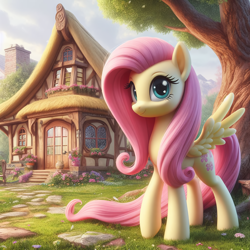 Size: 2048x2048 | Tagged: safe, ai content, derpibooru import, generator:dall-e 3, machine learning generated, fluttershy, pegasus, pony, g4, cottage, house, looking at you, prompter:montaraz13, smiling, solo, spread wings, standing, tree, wings