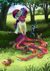 Size: 2251x3200 | Tagged: safe, artist:teaflower300, derpibooru import, oc, oc only, bird, pegasus, pony, rabbit, squirrel, animal, bow, commission, facing away, female, flower, flower in tail, grass, hair bow, high res, log, mare, nature, ribbon, scenery, sitting, smiling, solo, tail, tree