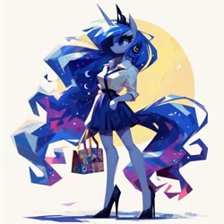 Size: 1024x1024 | Tagged: safe, ai content, derpibooru import, machine learning generated, princess luna, anthro, g4, abstract, abstract art, abstract background, adorasexy, angular, bag, beautiful, clothes, cute, female, hand in pocket, handbag, high heels, modern art, necktie, office lady, prompter:horselover fat, sexy, shirt, shoes, simple background, skirt, smiling, solo, white background