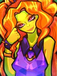 Size: 1536x2048 | Tagged: safe, artist:sirentown, derpibooru import, adagio dazzle, human, equestria girls, g4, bust, clothes, smiling, solo, spiked wristband, wristband