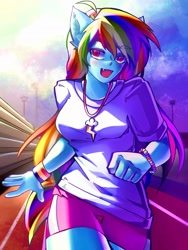 Size: 1536x2048 | Tagged: safe, artist:sirentown, derpibooru import, rainbow dash, anthro, equestria girls, g4, clothes, jewelry, necklace, open mouth, shirt, shorts, smiling, solo, t-shirt, wristband