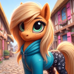 Size: 1024x1024 | Tagged: safe, ai content, machine learning generated, applejack, earth pony, pony, alternate hairstyle, bing, clothed ponies, clothes, female, fluffy, hoodie, leggings, mare, missing accessory, ponyville, solo