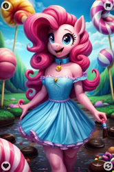 Size: 896x1346 | Tagged: safe, ai content, machine learning generated, pinkie pie, anthro, earth pony, human, pony, equestria girls, candyland, chocolate, happy, humanized, imagination, lollipop, milkshake, pinkamena diane pie, pinkie being pinkie