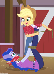 Size: 2550x3510 | Tagged: safe, artist:robukun, derpibooru import, applejack, princess luna, vice principal luna, human, equestria girls, bondage, bound and gagged, cloth gag, gag, hogtied, open mouth, open smile, smiling, tied up, tying