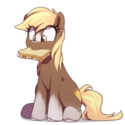 Size: 850x850 | Tagged: safe, artist:thebatfang, derpibooru import, sergeant reckless, earth pony, pony, blaze (coat marking), coat markings, daisy sandwich, eating, facial markings, female, food, herbivore, mare, mouth hold, ponified, sandwich, simple background, sitting, socks (coat marking), solo, species swap, transparent background, unshorn fetlocks