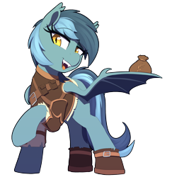 Size: 2040x2100 | Tagged: safe, artist:thebatfang, derpibooru import, ponerpics import, oc, oc only, oc:dusky, bat pony, pony, armor, bat pony oc, bat wings, boots, clothes, fangs, female, food, leather, leather armor, mare, oats, one wing out, open mouth, raised hoof, raised leg, shoes, simple background, solo, transparent background, wings