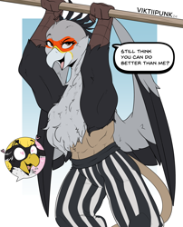 Size: 2404x2972 | Tagged: safe, artist:viktiipunk, derpibooru import, lovestruck, oc, oc:ping wing, oc:tsavo, griffon, hippogriff, abs, beak, chest fluff, clothes, dialogue, feather, head feathers, heart, heart eyes, looking at you, no pony, open mouth, pants, pullup bar, smug, spread wings, tail, talons, wingding eyes, wings, workout