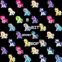 Size: 5000x4990 | Tagged: safe, artist:duskflare, derpibooru import, applejack, coloratura, fluttershy, minuette, pinkie pie, rainbow dash, rarity, starlight glimmer, twilight sparkle, twilight sparkle (alicorn), oc, oc:aurelia freefeather, oc:john kenza, oc:pegasys, oc:the living tombstone, oc:wooden toaster, alicorn, earth pony, pegasus, pony, unicorn, absurd resolution, album cover, black background, female, male, mane six, mare, pixel art, simple background, stallion, trotting