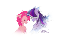Size: 4960x3508 | Tagged: safe, artist:synelinn, derpibooru import, pinkie pie, twilight sparkle, alicorn, earth pony, pony, blindfold, curved horn, duo, female, horn, immortality blues, mare, sad, simple background, smiling, teary eyes, translated in the description, white background