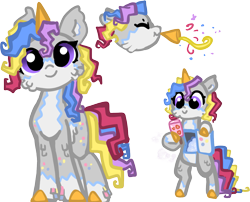 Size: 1327x1071 | Tagged: safe, artist:nootaz, derpibooru import, oc, oc only, oc:griselda dulce, pony, unicorn, bipedal, cheek fluff, colored hooves, colored horn, confetti, countershading, female, food, horn, leg fluff, mare, party horn, piñata, piñata pony, popsicle, purple eyes, simple background, solo, standing, transparent background