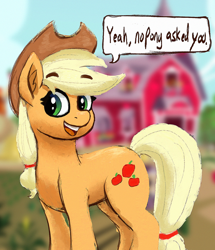 Size: 1500x1742 | Tagged: safe, artist:phutashi, derpibooru import, applejack, earth pony, pony, g4, eyebrows, eyebrows visible through hair, female, looking at you, mare, meme, open mouth, open smile, reaction image, smiling, smiling at you, solo, speech bubble, sweet apple acres, talking to viewer