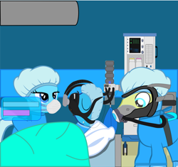 Size: 7635x7181 | Tagged: safe, artist:sonicstreak5344, derpibooru import, oc, earth pony, pegasus, air tank, anesthesia, anesthesia mask, black anesthesia mask, breathing mask, clothes, equipment, gas mask, hose, hospital, mask, oxygen mask, respirator, scrubs (gear), sleeping, surgeon, technology