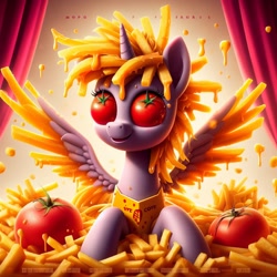 Size: 1024x1024 | Tagged: safe, ai content, derpibooru import, generator:dall-e 3, machine learning generated, oc, alicorn, alicorn oc, cheese, curtains, food, french fries, horn, tomato, wings