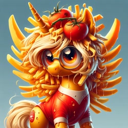 Size: 1024x1024 | Tagged: safe, ai content, derpibooru import, generator:dall-e 3, machine learning generated, oc, oc only, alicorn, alicorn oc, cheese, food, french fries, glasses, gradient background, horn, solo, tomato, wings