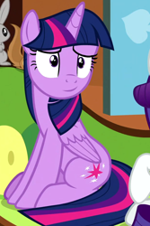 Size: 622x929 | Tagged: safe, derpibooru import, edit, edited screencap, editor:twilyisbestpone, screencap, rarity, twilight sparkle, twilight sparkle (alicorn), alicorn, pony, rabbit, fluttershy leans in, g4, season 7, animal, cropped, female, fluttershy's cottage, inverted mouth, mare, offscreen character, smiling, sofa, solo focus