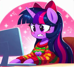 Size: 984x899 | Tagged: safe, ai content, artist:poniesbest, derpibooru import, machine learning generated, twilight sparkle, pony, bow, chair, clothes, computer, hair bow, meme, solo, sweater, this will end in gamer rage