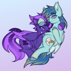 Size: 1000x1000 | Tagged: safe, artist:shad0w-galaxy, derpibooru import, oc, oc only, oc:ruffled quill, oc:shadow galaxy, pegasus, pony, belly fluff, blushing, cheek fluff, chest fluff, cuddling, cute, ear fluff, ears, ethereal mane, female, fluffy, folded wings, freckles, glasses, gradient background, hooves, hug, male, mare, oc x oc, one eye closed, shipping, smiling, stallion, starry mane, starry tail, tail, wings