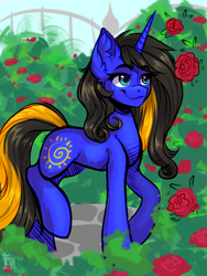 Size: 1200x1600 | Tagged: safe, artist:falafeljake, derpibooru import, oc, oc only, oc:destiny light, pony, unicorn, colored sketch, commission, cutie mark, female, flower, horn, mare, scenery, sketch, smiling, solo, two toned mane, unicorn oc