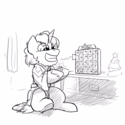 Size: 3000x3000 | Tagged: safe, artist:captainhoers, derpibooru import, oc, oc only, pony, unicorn, advent calendar, bathrobe, chocolate, christmas, christmas tree, clothes, food, grayscale, grin, holiday, hoof hold, male, monochrome, robe, sitting, smiling, solo, stallion, tree