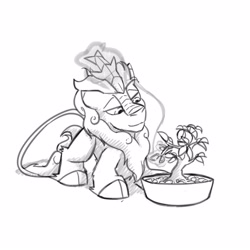 Size: 3000x3000 | Tagged: safe, artist:captainhoers, derpibooru import, oc, oc only, kirin, bonsai, glowing, glowing horn, grayscale, horn, kirin oc, lidded eyes, looking at something, male, monochrome, plant, simple background, smiling, solo, white background