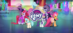 Size: 1666x768 | Tagged: safe, derpibooru import, coco pommel, rarity, earth pony, pony, unicorn, g4, female, gameloft, loading screen, mare, my little pony logo, my little pony: magic princess, official, unnamed character, unnamed pony, video game