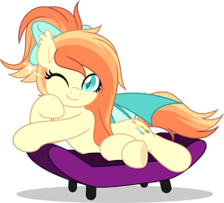Size: 5530x5000 | Tagged: safe, artist:jhayarr23, derpibooru import, oc, oc only, oc:sunshine drift, bat pony, pony, absurd resolution, bat ears, bat eyes, bat pony oc, bow, chair, commission, draw me like one of your french girls, female, folded wings, hair bow, looking at you, lying down, mare, on side, one eye closed, shadow, simple background, smiling, smiling at you, solo, transparent background, wings, wink, winking at you, ych result