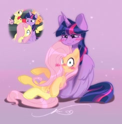 Size: 1256x1280 | Tagged: safe, artist:kotya_uwo, derpibooru import, screencap, fluttershy, twilight sparkle, twilight sparkle (alicorn), alicorn, pegasus, pony, newbie dash, blushing, embarrassed, female, hair over one eye, lesbian, mare, scene interpretation, screencap reference, shipping, twishy