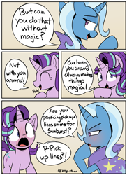 Size: 2075x2845 | Tagged: safe, artist:icey, derpibooru import, starlight glimmer, trixie, pony, unicorn, blushing, cape, clothes, comic, duo, eyes closed, female, flustered, implied shipping, implied starburst, implied straight, laughing, looking back, mare, pickup lines, shipping fuel, stuttering, trixie's cape