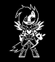 Size: 1200x1350 | Tagged: safe, artist:menalia, derpibooru import, rainbow dash, pegasus, pony, semi-anthro, g4, armor, bipedal, black and white, black background, female, grayscale, mare, monochrome, pixel art, simple background, style emulation, undertale, undyne the undying, weapon, wings
