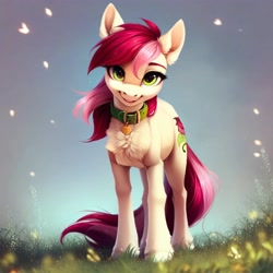 Size: 4096x4096 | Tagged: safe, ai content, derpibooru import, generator:purplesmart.ai, generator:stable diffusion, machine learning generated, roseluck, earth pony, pony, chest fluff, collar, cute, female, fluffy, grass, looking at you, mare, pet tag, pony pet, prompter:doom9454, rosepet, smiling, smiling at you, solo, standing