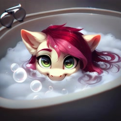 Size: 4096x4096 | Tagged: safe, ai content, derpibooru import, generator:purplesmart.ai, generator:stable diffusion, machine learning generated, roseluck, pony, bath, bubble bath, cute, fluffy, looking at you, pony pet, prompter:doom9454, rosepet, solo, wet, wet mane