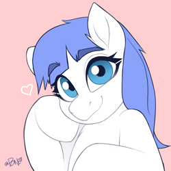 Size: 2704x2704 | Tagged: safe, artist:rivin177, derpibooru import, oc, oc:snow pup, pony, blue eyes, bust, heart, hoof on cheek, looking at you, patreon, patreon reward, portrait, raised hoof, raised leg, simple background, smiling