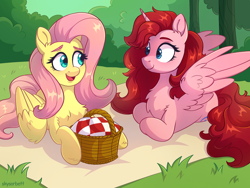 Size: 2248x1686 | Tagged: safe, artist:skysorbett, derpibooru import, fluttershy, oc, oc:ruby shine, alicorn, pegasus, pony, alicorn oc, basket, bush, chest fluff, duo, duo female, female, forest, grass, horn, looking at each other, looking at someone, lying down, nature, open mouth, open smile, picnic, picnic basket, prone, smiling, tree, wings