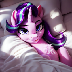 Size: 1024x1024 | Tagged: safe, ai content, derpibooru import, generator:pony diffusion v6 xl, generator:stable diffusion, machine learning generated, starlight glimmer, pony, unicorn, g4, bed, bedroom eyes, chest fluff, female, indoors, looking at you, lying down, lying on bed, mare, on back, on bed, pillow, prompter:tokumei, smiling, smiling at you, solo