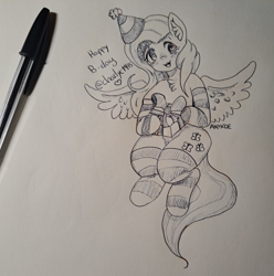Size: 795x800 | Tagged: safe, artist:anykoe, derpibooru import, fluttershy, pegasus, birthday, clothes, cute, ear fluff, ears, flying, happy, hat, party hat, pen, pen drawing, present, socks, striped socks, text, traditional art