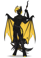 Size: 2105x3030 | Tagged: safe, artist:enderbee, derpibooru import, oc, oc only, anthro, bat pony, armor, cloak, clothes, commission, golden eyes, male, scythe, simple background, solo, spread wings, standing, white background, wings, yellow mane