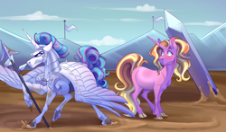 Size: 2900x1700 | Tagged: safe, artist:uunicornicc, derpibooru import, luster dawn, princess flurry heart, alicorn, pony, unicorn, :t, armor, cloven hooves, duo, duo female, eyes on the prize, female, flurrydawn, gritted teeth, lesbian, looking at someone, mare, mud, older, older flurry heart, shipping, spear, spread wings, teeth, warrior flurry heart, weapon, wings