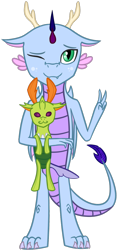 Size: 650x1350 | Tagged: safe, artist:ev_spial, derpibooru import, thorax, oc, oc:spial, changeling, dragon, 2024 community collab, antlers, claws, derpibooru community collaboration, looking at you, one eye closed, plushie, simple background, transparent background, wink