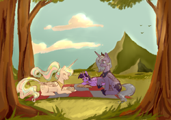 Size: 2958x2079 | Tagged: safe, artist:taika403, derpibooru import, princess celestia, princess luna, twilight sparkle, book, cake, cakelestia, food, grass, mountain, picnic, picnic blanket, reading, s1 luna, tree