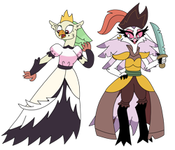 Size: 2398x2054 | Tagged: safe, artist:supahdonarudo, derpibooru import, captain celaeno, anthro, bird, demon, avian, clothes, clothes swap, crown, dress, hand on hip, hat, helluva boss, jewelry, ornithian, pirate, pirate hat, regalia, shocked, simple background, smiling, stella (helluva boss), sword, transparent background, weapon