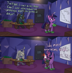 Size: 2659x2668 | Tagged: safe, artist:ciborgen, derpibooru import, queen chrysalis, twilight sparkle, twilight sparkle (alicorn), alicorn, changeling, changeling queen, cockatrice, pony, bag, chart, crocs, dialogue, duo, duo female, female, high res, mare, petrification, saddle bag, sunglasses, twilight crockle