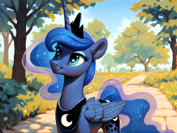 Size: 2048x1536 | Tagged: safe, ai content, artist:dovakkins, derpibooru exclusive, derpibooru import, generator:pony diffusion v6 xl, machine learning assisted, machine learning generated, princess luna, alicorn, pony, g4, crown, female, grass, jewelry, looking up, mare, peytral, regalia, smiling, solo, summer, tree, wavy mane