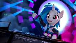 Size: 3840x2160 | Tagged: safe, artist:owlpirate, derpibooru import, dj pon-3, vinyl scratch, pony, semi-anthro, unicorn, 3d, 4k, bipedal, clothes, cute, ear piercing, earring, female, high res, jacket, jewelry, let's party, mare, midriff, missing accessory, open mouth, open smile, piercing, smiling, solo, source filmmaker, suspenders, turntable, vinylbetes