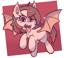 Size: 1114x1015 | Tagged: safe, artist:deerie, derpibooru import, oc, bat pony, pony, bat wings, drool, fangs, flying, looking at you, open mouth, simple background, solo, spread wings, tongue, tongue out, two toned mane, wings