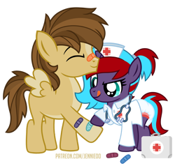 Size: 1000x953 | Tagged: safe, artist:jennieoo, derpibooru import, oc, oc only, oc:buttercup, oc:charming dazz, pegasus, pony, unicorn, bandaid, diaper, female, filly, foal, gift art, nurse, nurse outfit, patreon, patreon reward, show accurate, simple background, stethoscope, tongue, tongue out, transparent background, vector