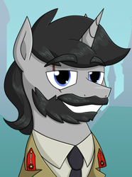 Size: 1222x1645 | Tagged: safe, artist:moonatik, derpibooru import, oc, oc only, oc:greyline, unicorn, abstract background, beard, bust, clothes, eye scar, facial hair, facial scar, horn, male, military uniform, necktie, portrait, scar, solo, stallion, unicorn oc, uniform