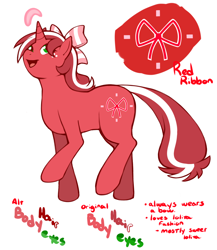 Size: 1280x1477 | Tagged: safe, alternate version, artist:redintravenous, derpibooru import, oc, oc only, oc:red ribbon, unicorn, ask red ribbon, bow, female, hair bow, mare, reference sheet, simple background, solo, white background