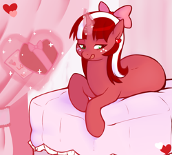 Size: 1205x1083 | Tagged: safe, artist:redintravenous, derpibooru import, oc, oc only, oc:red ribbon, pony, unicorn, ask red ribbon, bow, female, hair bow, magic, mare, solo