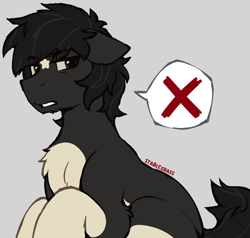 Size: 3250x3095 | Tagged: safe, artist:stablegrass, derpibooru import, oc, oc:stable, chest fluff, coat markings, ears, ears back, floppy ears, grumpy, looking sideways, male, messy mane, socks (coat marking), speech bubble, stallion